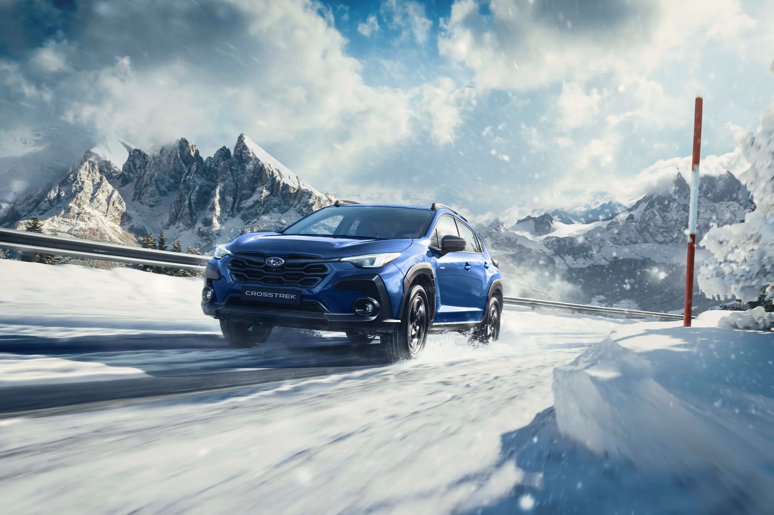 Sunblaze pearl Subaru Crosstrek parked in snow