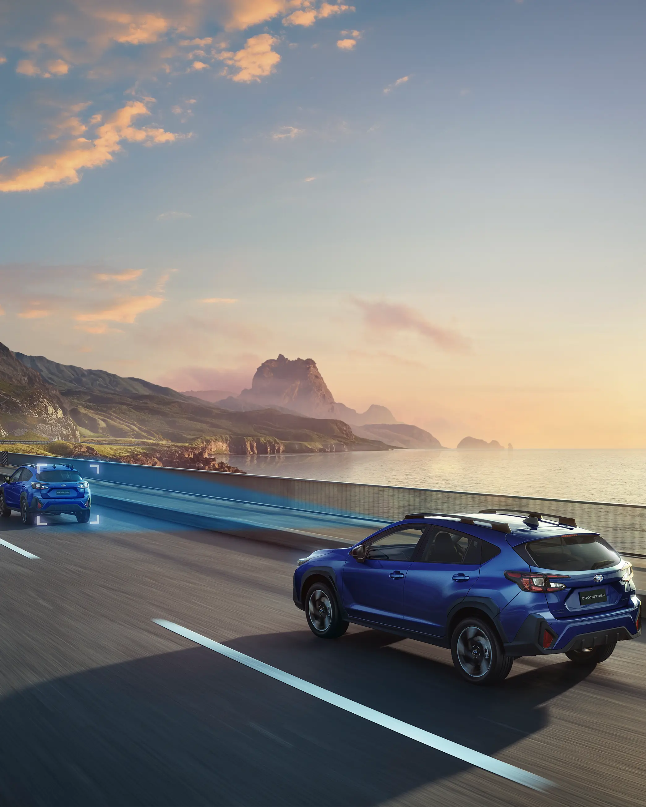 Offshore blue metallic Subaru Crosstrek driving on road